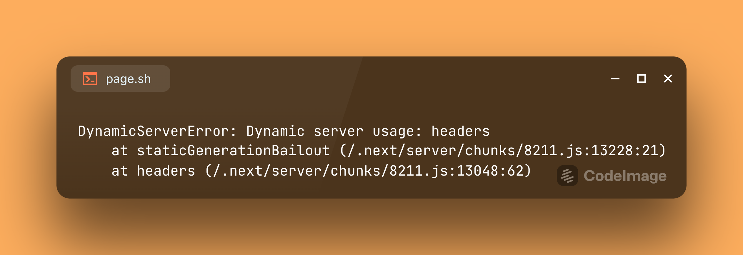 A terminal showing the error "DynamicServerError: Dynamic server usage: headers at staticGenerationBailout"
