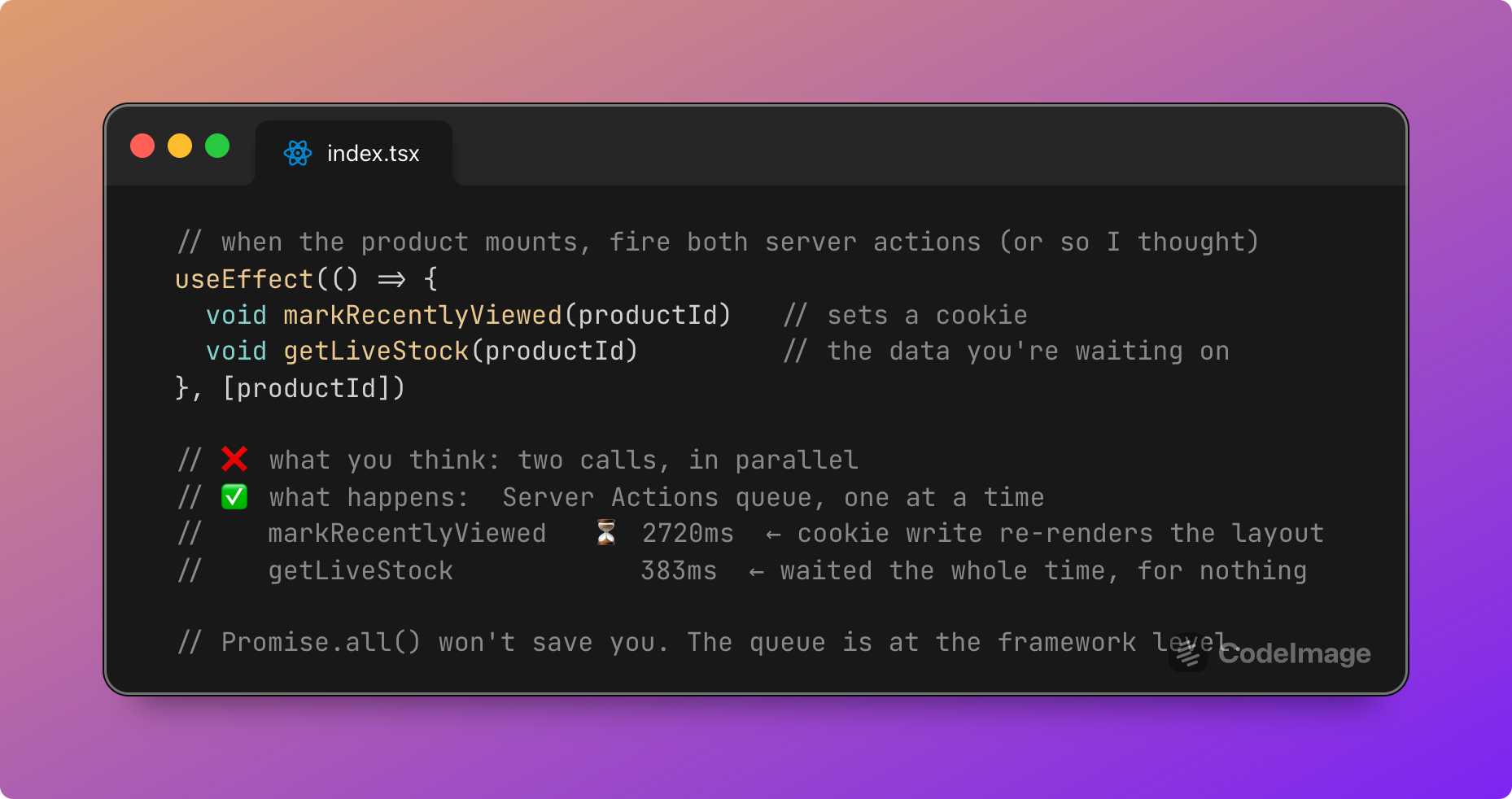 Two Server Actions queued one after another